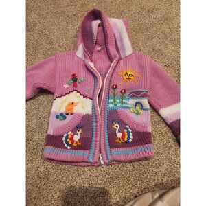 Marca Huari Kids Purple Hand Knit Embroidered Sun Bird Zip Up Hooded Sweater